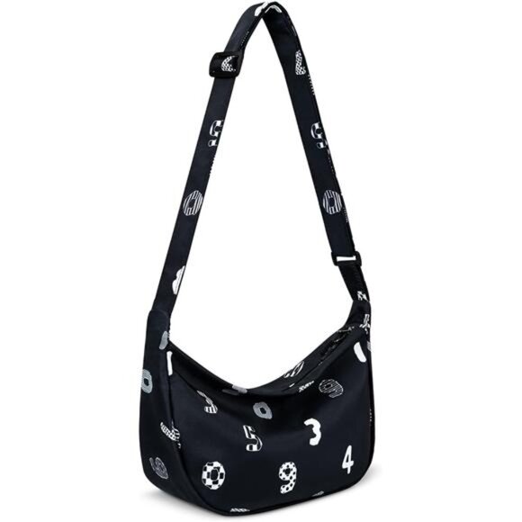 Mini Crescent Bag with Adjustable Strap, 2 Zippers Lightweight Nylon Bag - Black - Picture 1 of 6